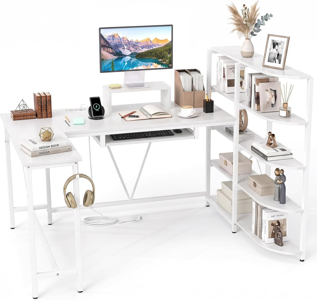 GIANTEX 63" U-Shaped Computer Desk with 5-Tier Bookshelf | Large Office Desk with Power Outlets