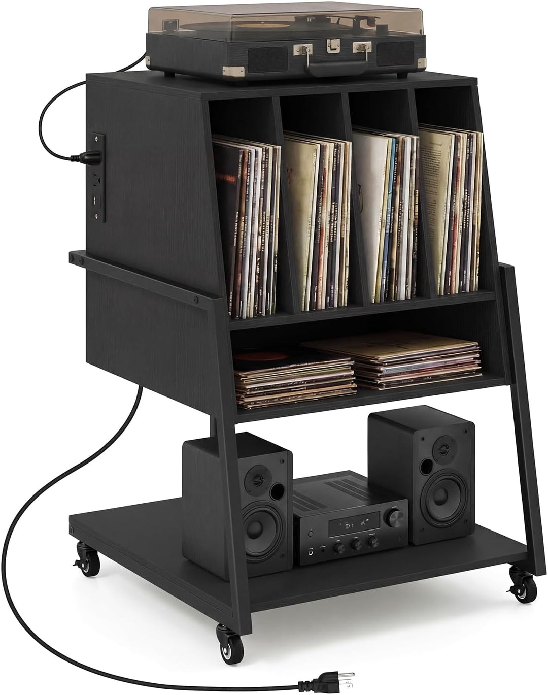 Giantex Record Player Stand on Wheels | 3-Tier Turntable Stand with Charging Station