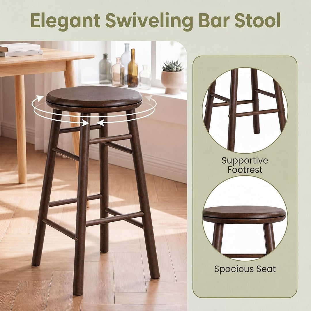 GIANTEX 24 Inch Swivel Bar Stools Set of 2, Rubber Wood, Walnut | Round Bar Chairs w/Backless Design