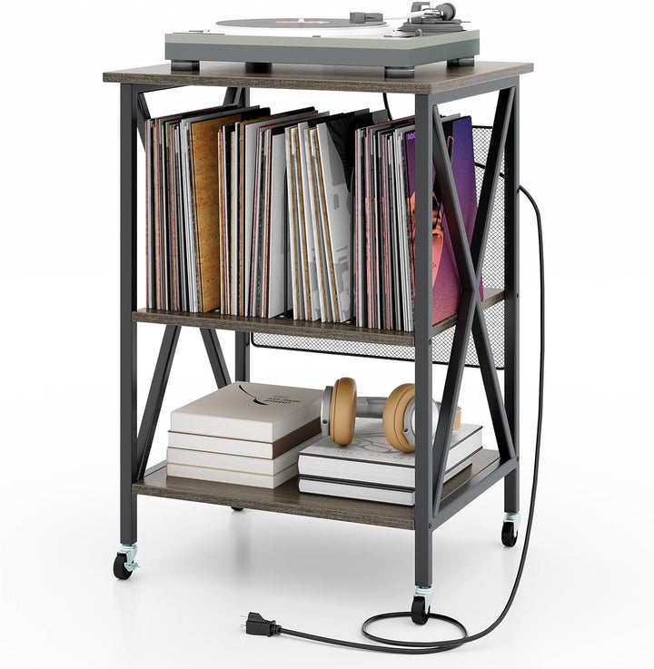 Giantex Record Player Stand with Charging Station, Turntable Stand with Record Storage &amp; 4 Rolling Wheels