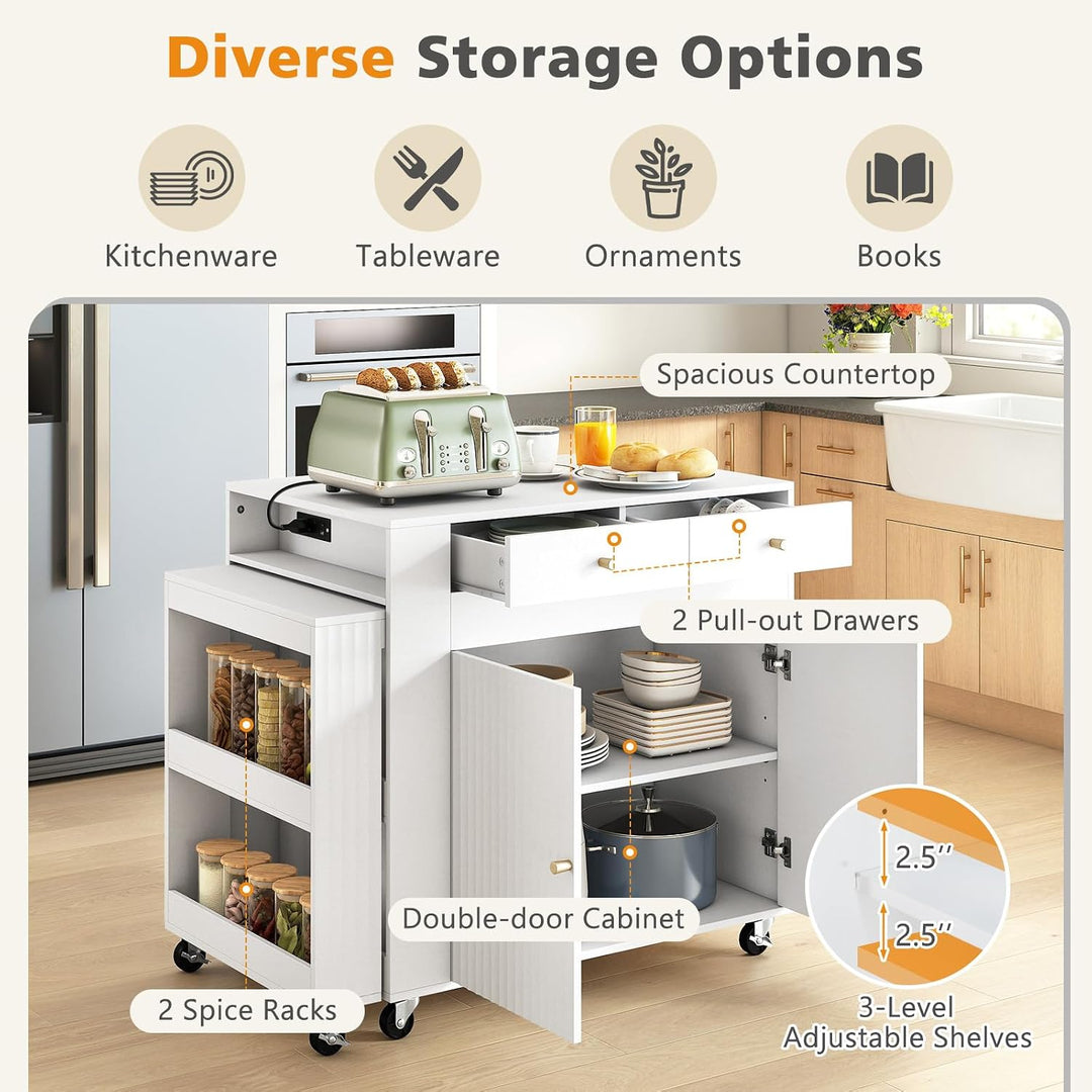 GIANTEX 72”-44.5” Extendable Kitchen Island with Storage, Power Outlet | Rolling Kitchen Island Table on Wheels w/Fluted Doors