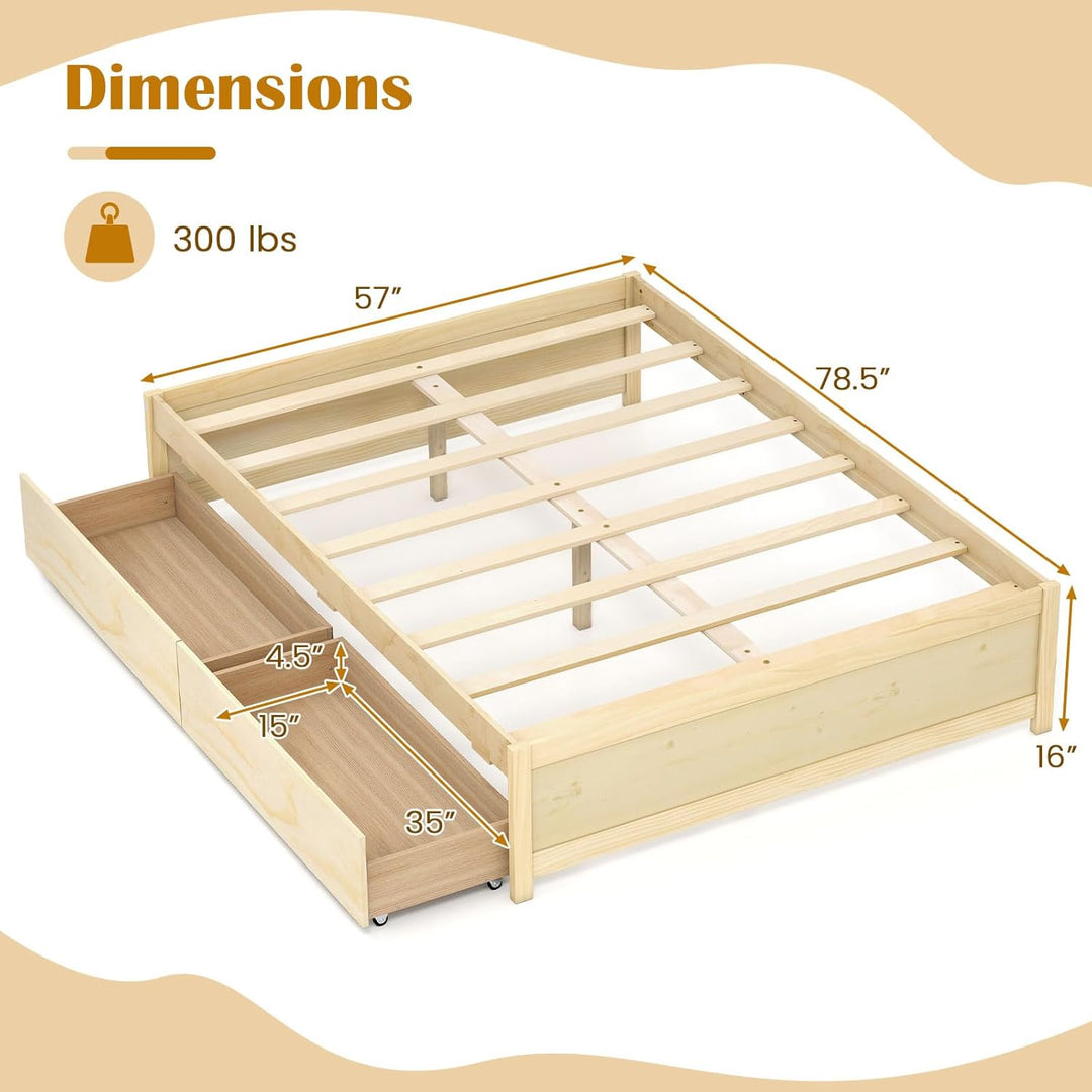 Giantex Queen/Full/Twin Size Bed Frame with 2 Storage Drawers, Solid Wood Platform Bed with Slats Support
