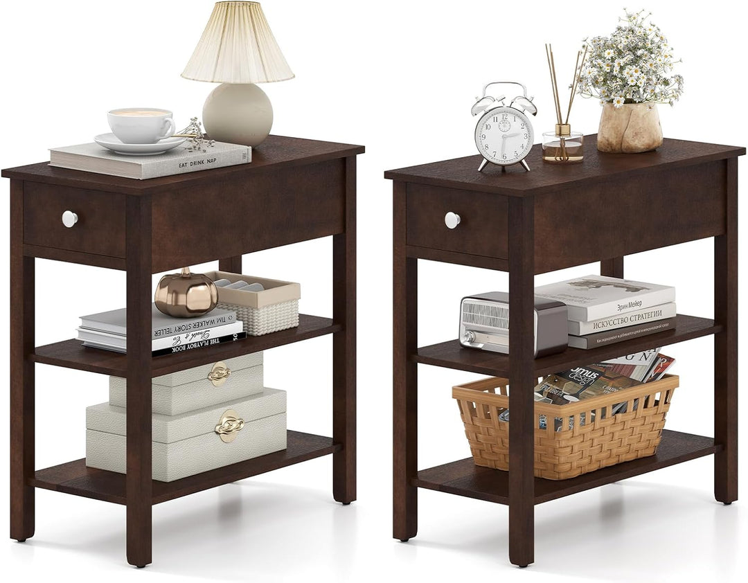 Ginatex Narrow Side Table Small End Tables with Drawer &amp; Open Storage Shelves