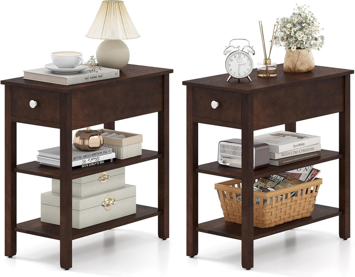 Ginatex Narrow Side Table Small End Tables with Drawer &amp; Open Storage Shelves