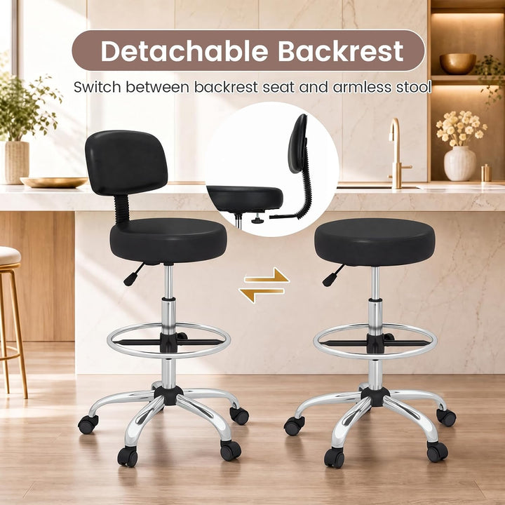 GIANTEX Drafting Chair with Back, Adjustable Foot Rolling Stool with Wheels | PVC Leather Tall Office Chair w/ Thickened Cushion