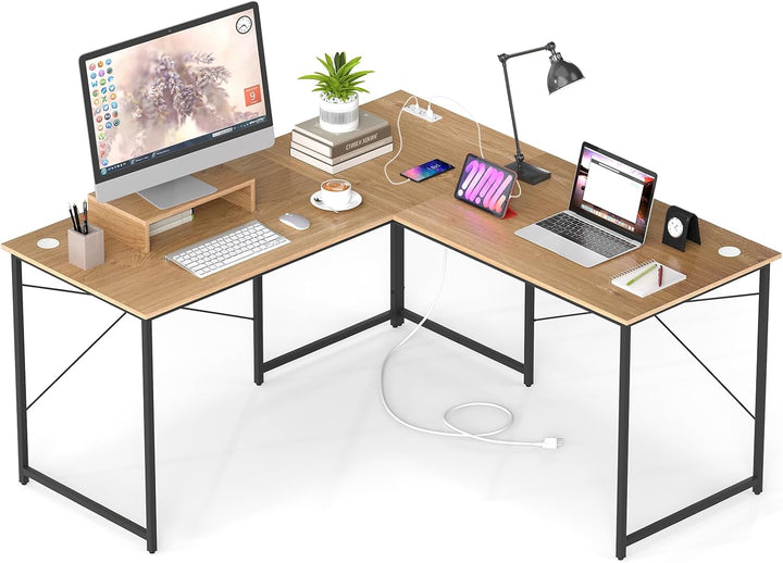59 Inch Reversible Corner Desk with Power Outlet and USB Ports &amp; Monitor Stand
