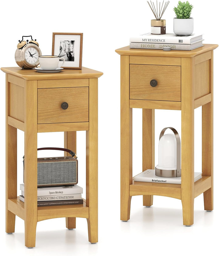 Giantex Narrow End Table with Drawer 23.5" H Side Table w/Open Storage Shelf &amp; Solid Wood Frame
