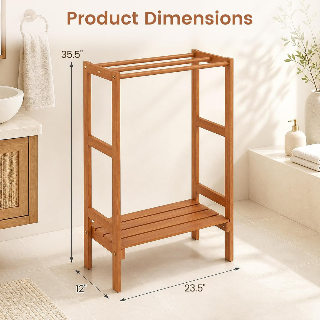 GIANTEX 3-Bar Wood Towel Rack Freestanding with Bottom Storage Shelf | Wooden Towel Drying Stand
