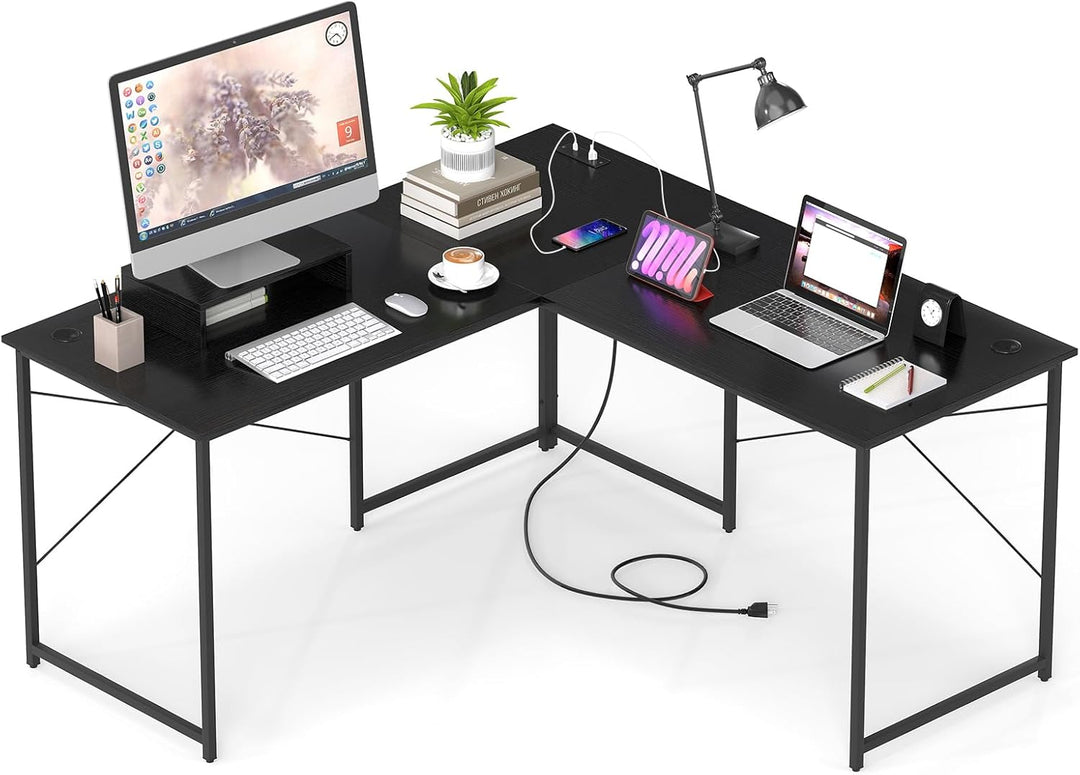 59 Inch Reversible Corner Desk with Power Outlet and USB Ports &amp; Monitor Stand