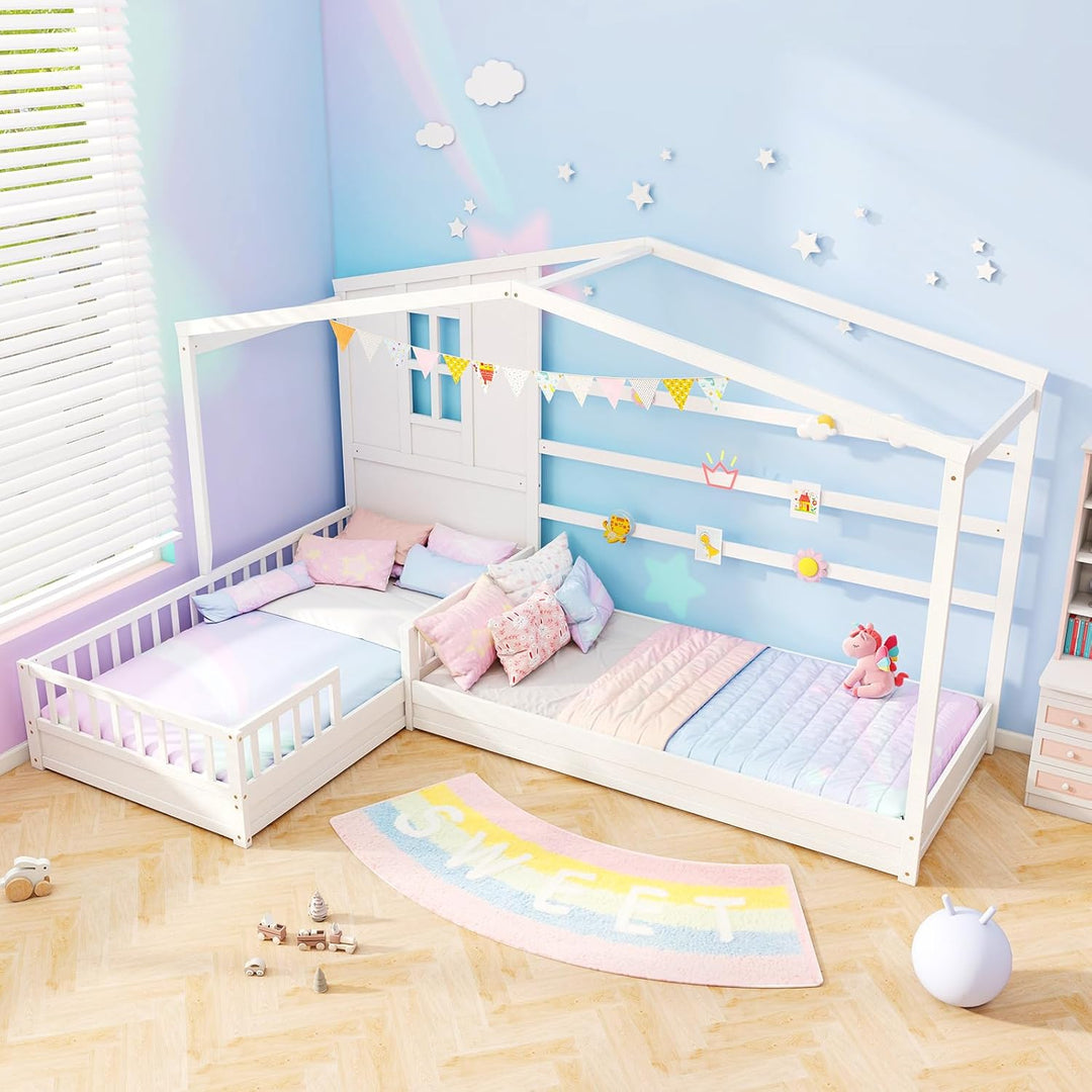Giantex Double Twin Beds for Kids, House L-Shaped Platform Beds with Window &amp; Fences