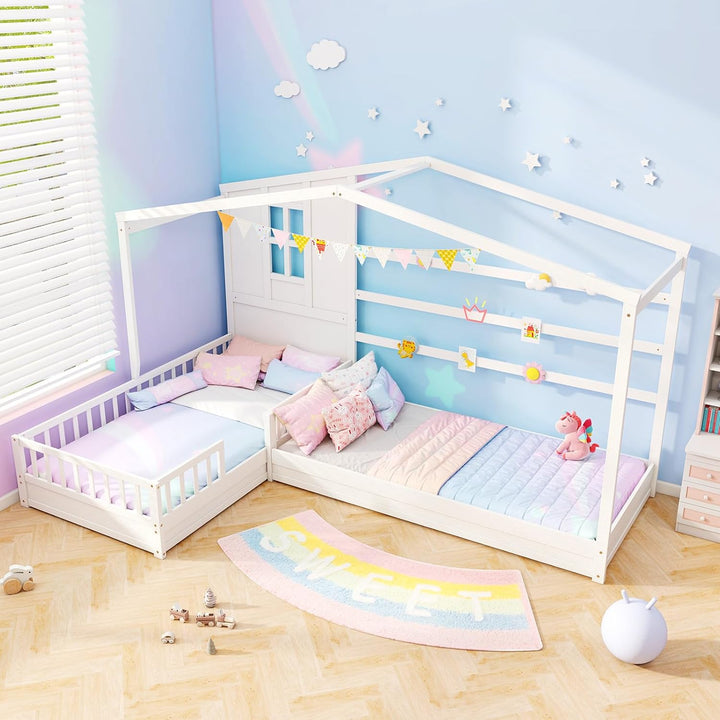 Giantex Double Twin Beds for Kids, House L-Shaped Platform Beds with Window &amp; Fences