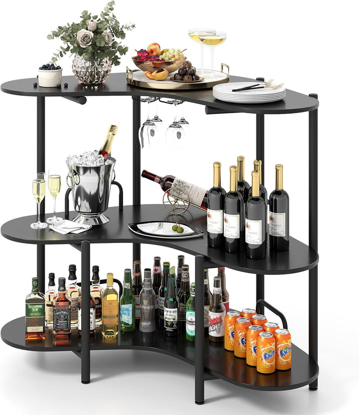 Giantex 3-Tier Bar Table, Corner Bar Cabinet, Liquor Home Bar Unit with Stemware Racks &amp; Storage Shelves