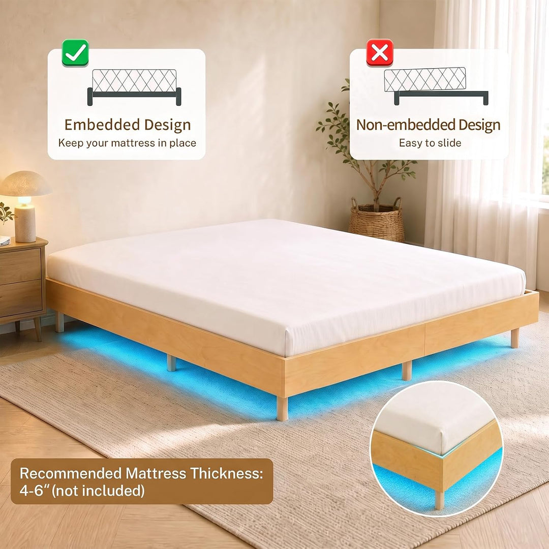 GIANTEX Wood Floating Bed Frame Queen Size with Smart LED Light, Natural | Modern Platform Bed w/Heavy Duty Mattress Foundation