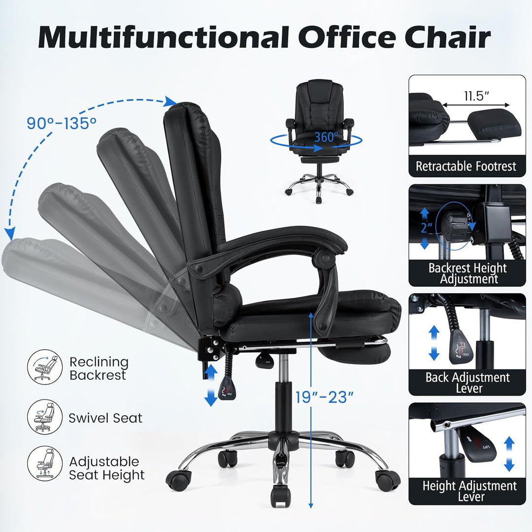 GIANTEX Massage Office Chair, Comfy Desk Chair with Foot Rest, Black | Executive Chair with Adjustable Reclining Backrest