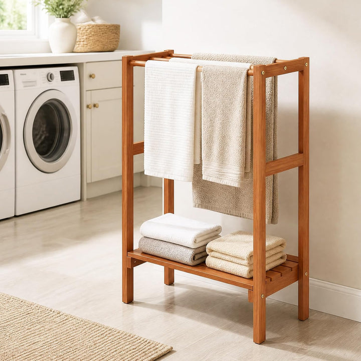 GIANTEX 3-Bar Wood Towel Rack Freestanding with Bottom Storage Shelf | Wooden Towel Drying Stand