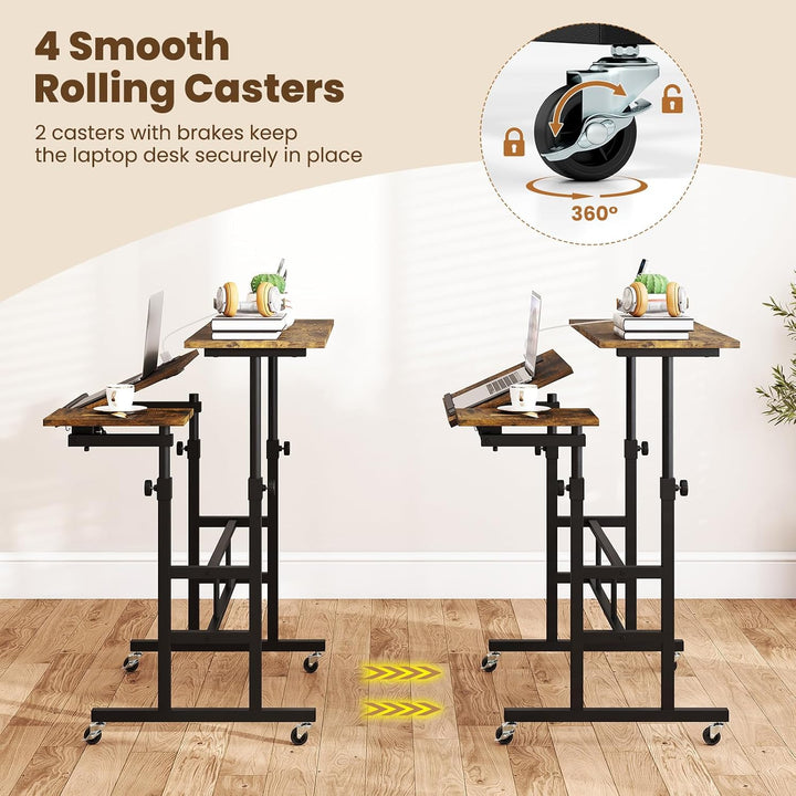 GIANTEX Mobile Standing Desk, Adjustable Rolling Computer Desk (Brown) | Tilting Desktop &amp; Storage Shelves