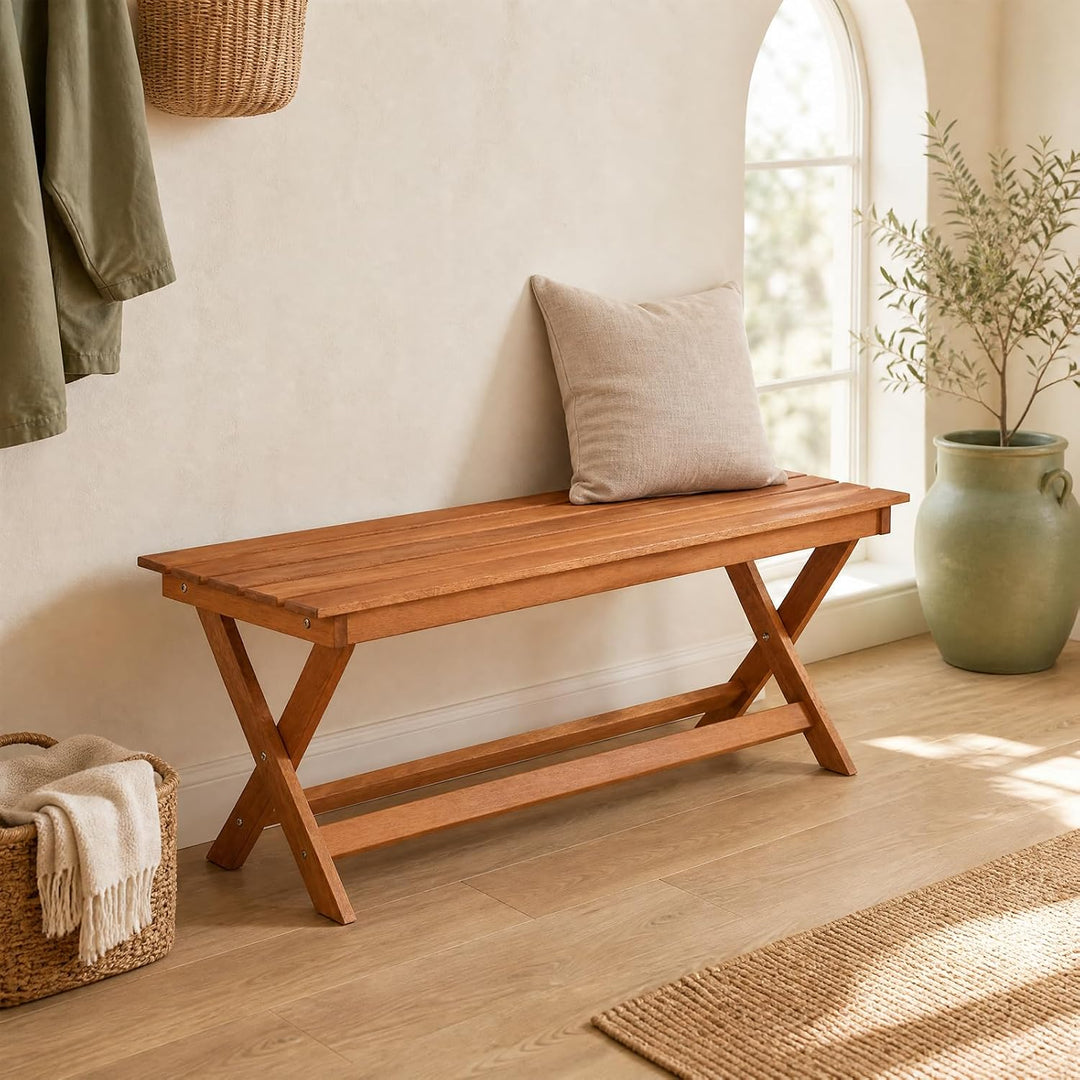 Giantex Outdoor Wooden Bench Backless Patio Bench with Slatted Seat | Wooden Garden Bench with X-Shaped Legs