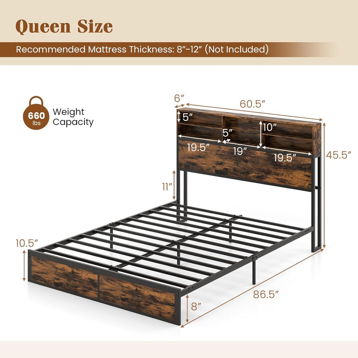 Giantex King/Queen/Twin Size Bed Frame with Storage Headboard and Charging Station, Industrial Metal Platform Bed