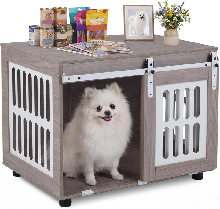 GIANTEX 31.5" Dog Crate Furniture with Barn Door for Small Medium Dogs | Farmhouse Wooden Dog Kennel