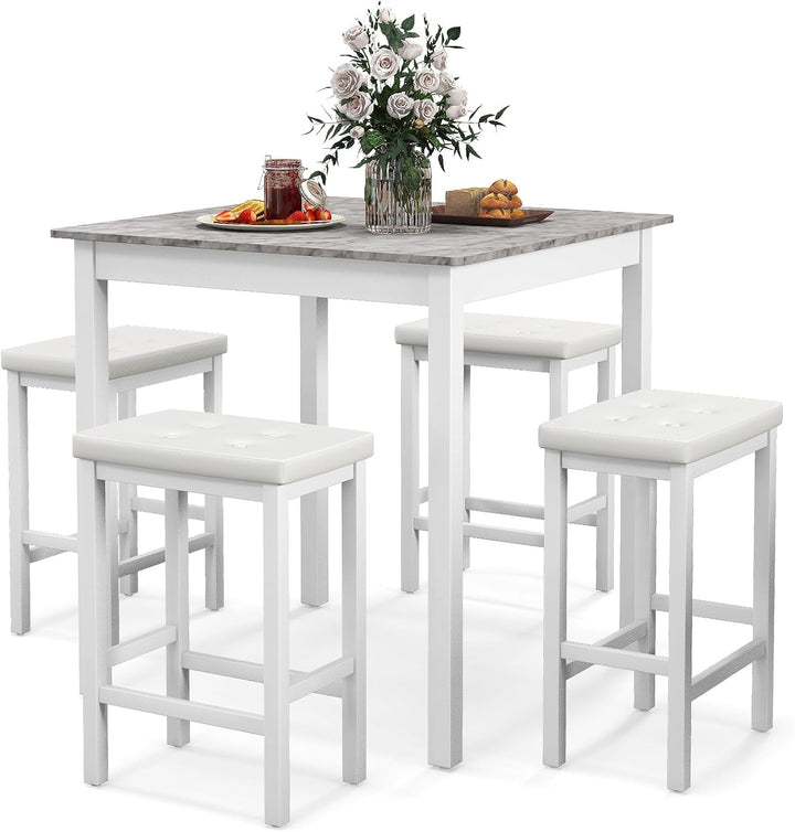 5-Piece Bar Table Set Counter-Height Dining Table and 4 Bar Stools-Brown &amp; White