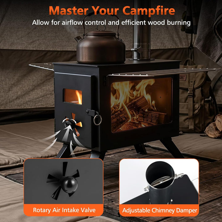 GIANTEX Hot Tent Stove, 8.4 ft Wood Burning Stove with Ash Tray | Portable Camping Wood Stove with 8 Chimney Pipes &amp; Spark Arrestor