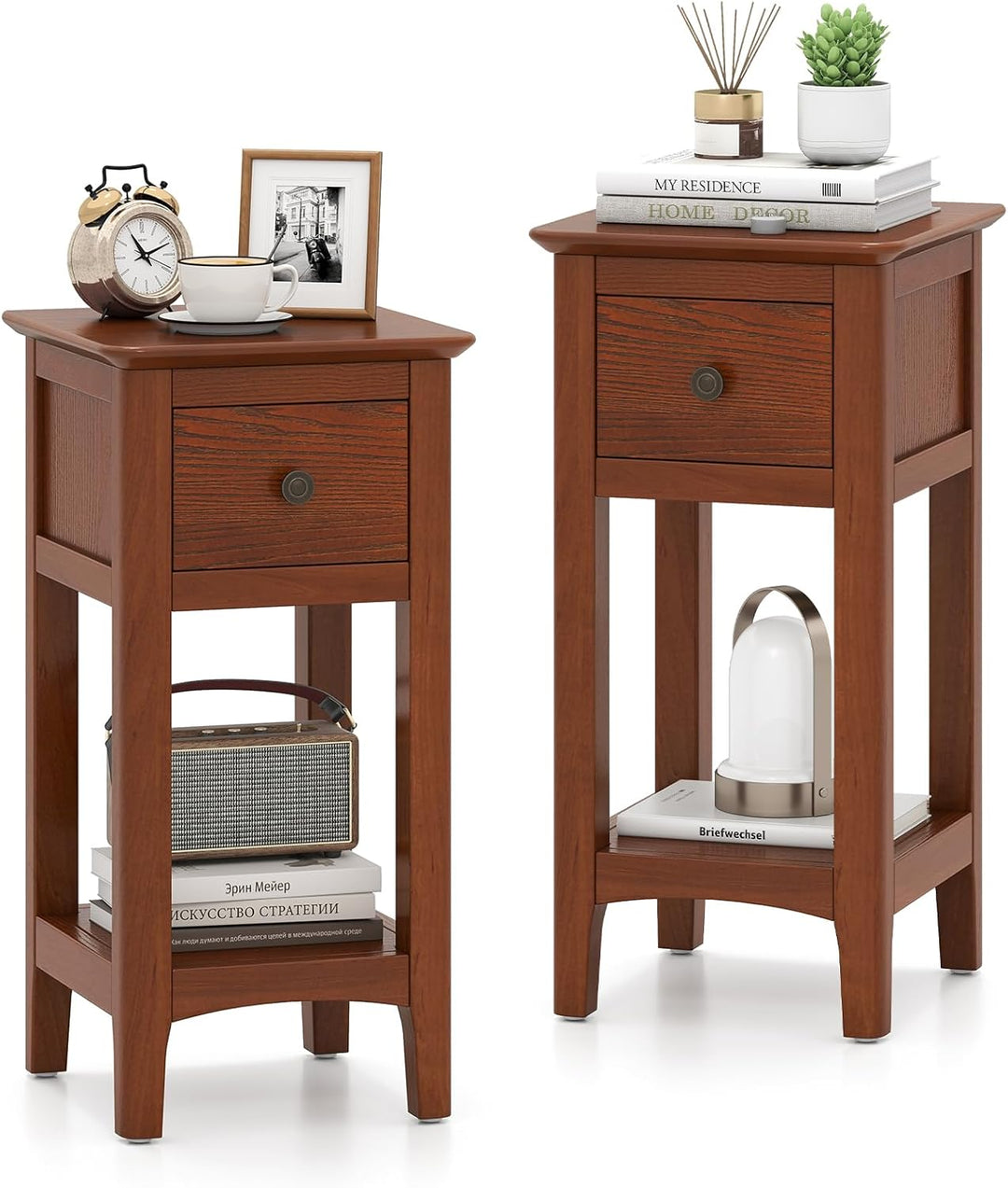 Giantex Narrow End Table with Drawer 23.5" H Side Table w/Open Storage Shelf &amp; Solid Wood Frame