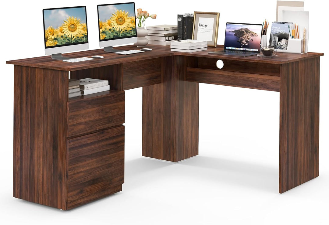 Giantex L Shaped Computer Desk with Drawers, 59" Corner Desk Workstation with Storage Shelf &amp; Cable Holes