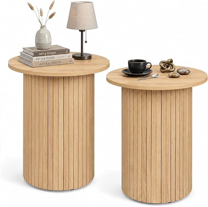 GIANTEX Round Side Table, Fluted Mid Century Modern Drum End Table | 22.5‘’ Wooden Pedestal Accent Nightstand for Bedroom