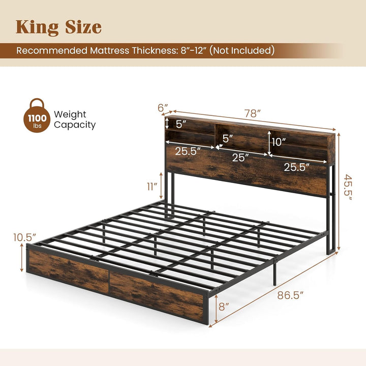 Giantex King/Queen/Twin Size Bed Frame with Storage Headboard and Charging Station, Industrial Metal Platform Bed