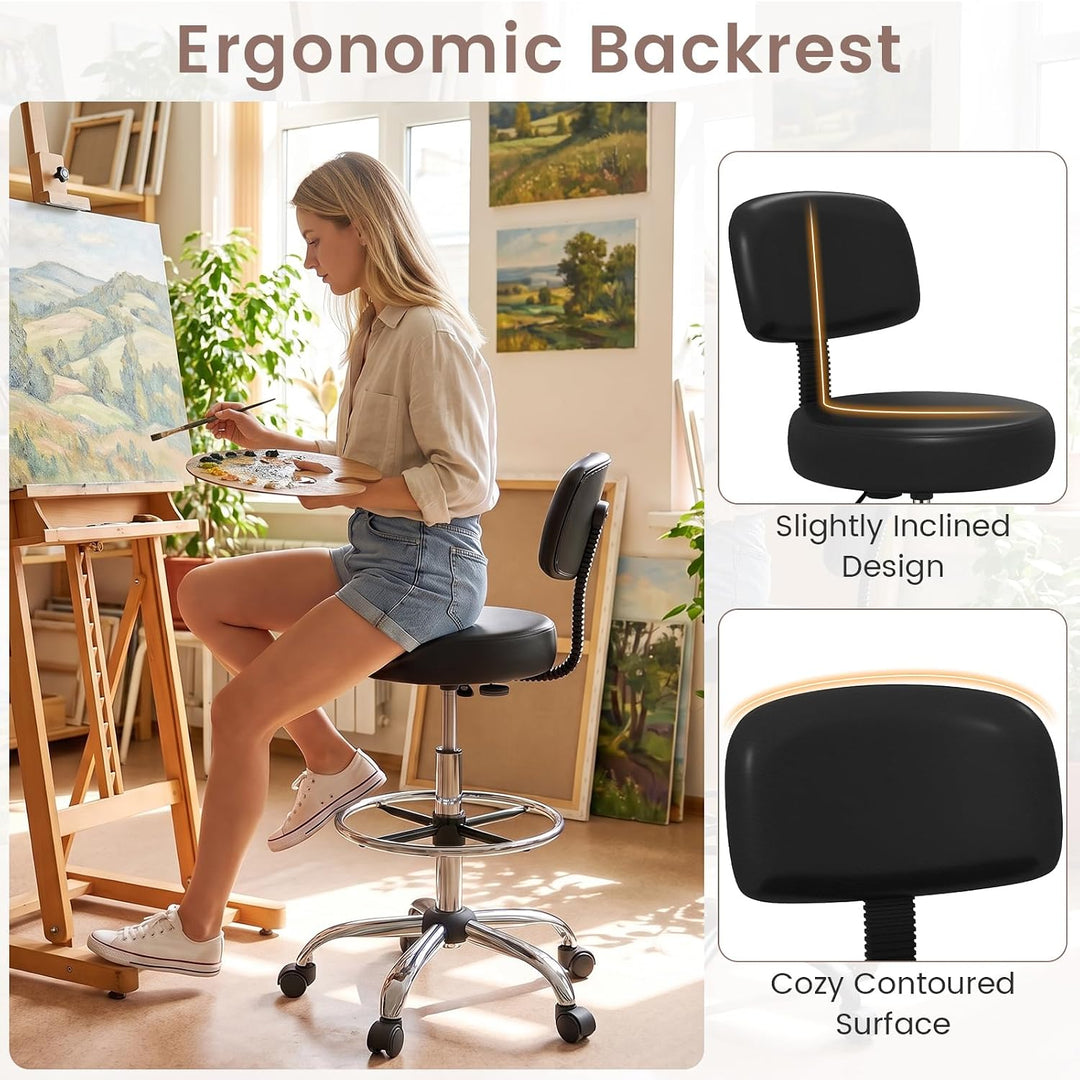GIANTEX Drafting Chair with Back, Adjustable Foot Rolling Stool with Wheels | PVC Leather Tall Office Chair w/ Thickened Cushion
