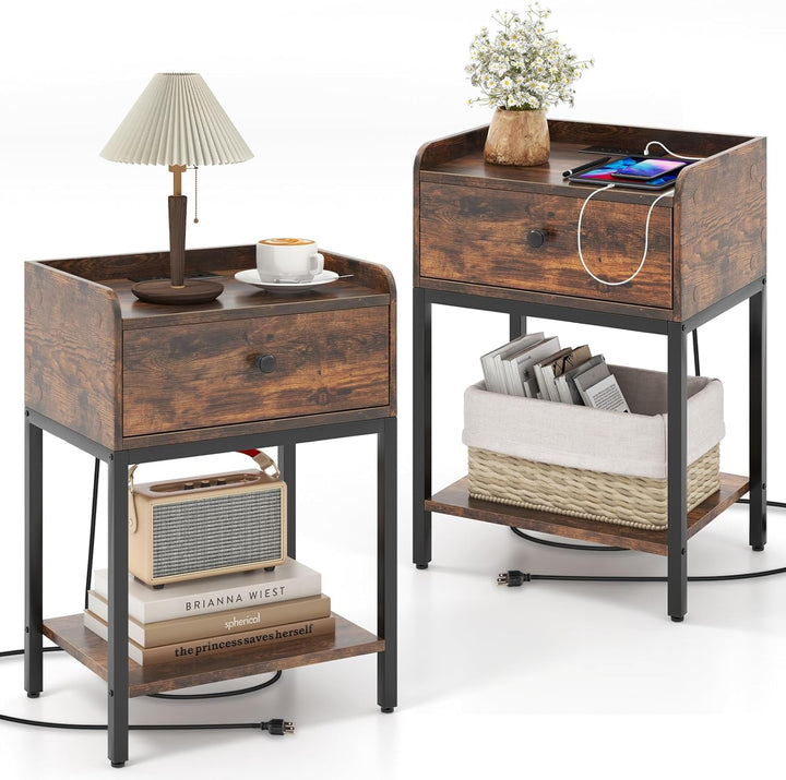 Giantex Nightstand with Charging Station, Industrial Bedside Table with Storage Drawer &amp; Open Shelf