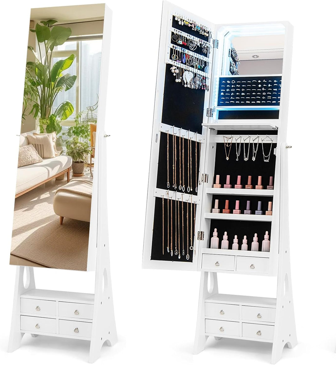 CHARMAID Jewelry Armoire with Full Length Door Mirror &amp; Inside Lighted Vanity Mirror