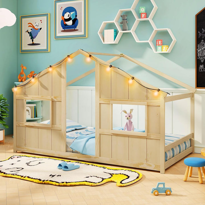Giantex Twin Kids House Bed with Light Bulbs Wooden Montessori Floor Bed Frame with Roof &amp; Windows