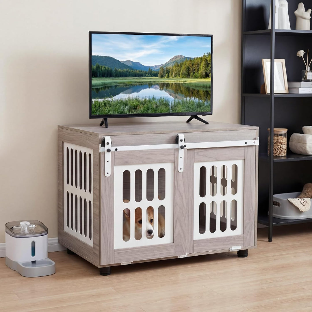 GIANTEX 31.5" Dog Crate Furniture with Barn Door for Small Medium Dogs | Farmhouse Wooden Dog Kennel