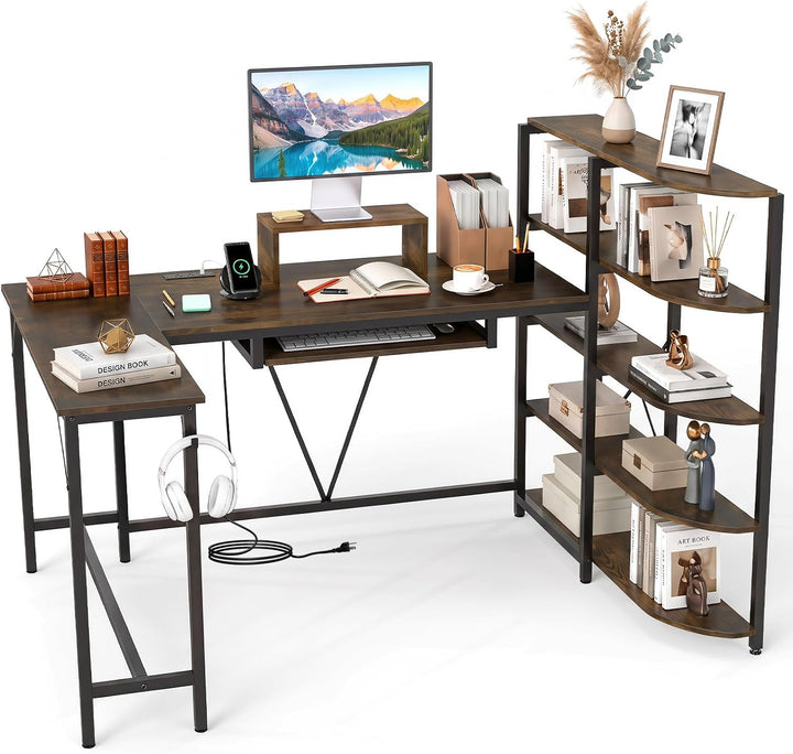 GIANTEX 63" U-Shaped Computer Desk with 5-Tier Bookshelf | Large Office Desk with Power Outlets
