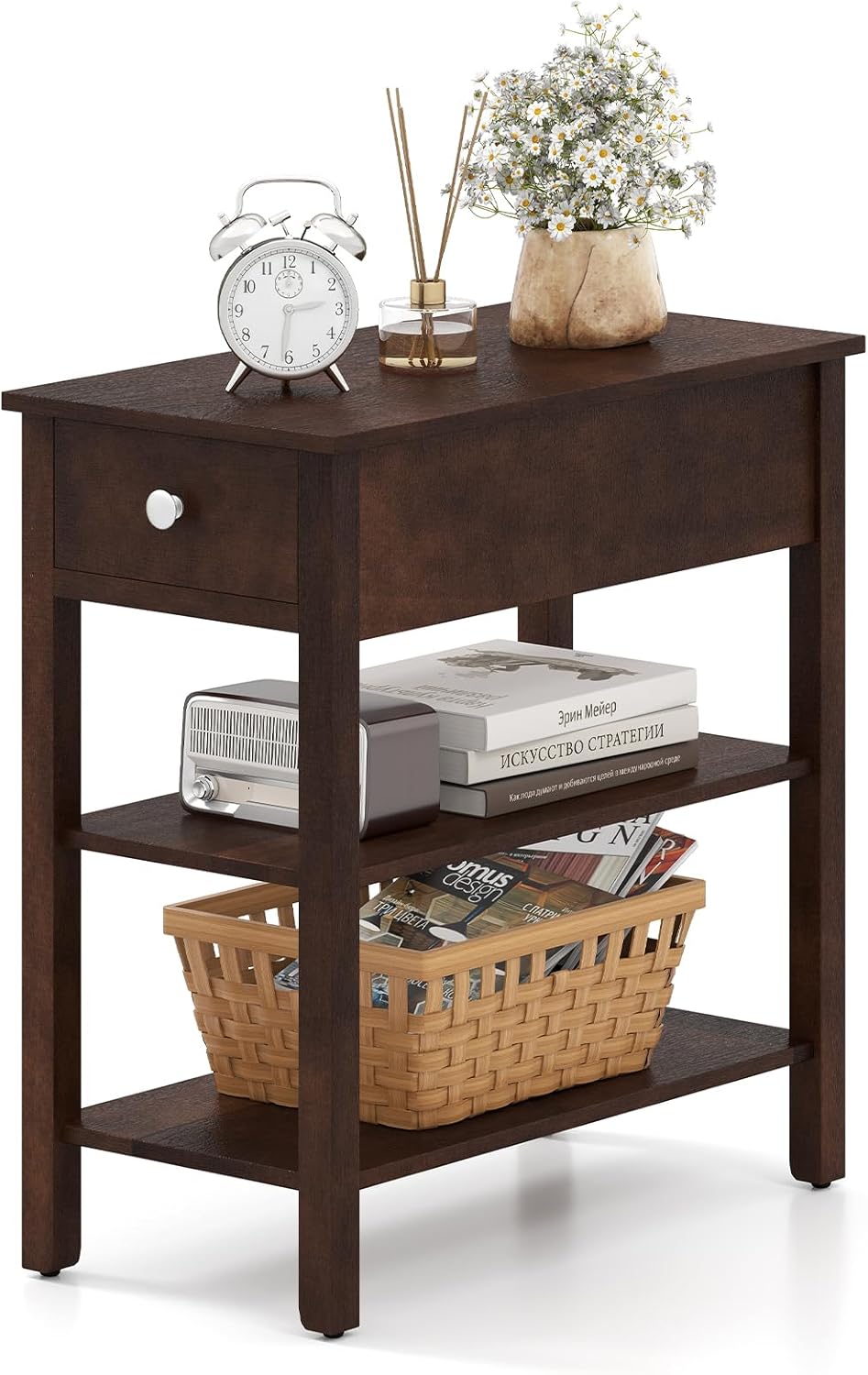 Ginatex Narrow Side Table Small End Tables with Drawer &amp; Open Storage Shelves
