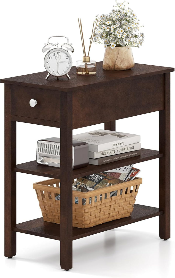 Ginatex Narrow Side Table Small End Tables with Drawer &amp; Open Storage Shelves