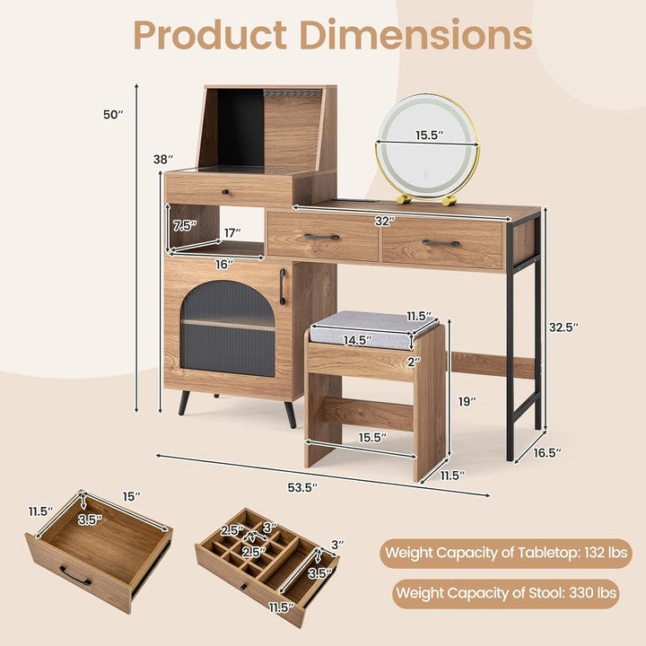 CHARMAID Vanity Desk with Charging Station, Jewelry Organizer (Walnut) | 53.5&