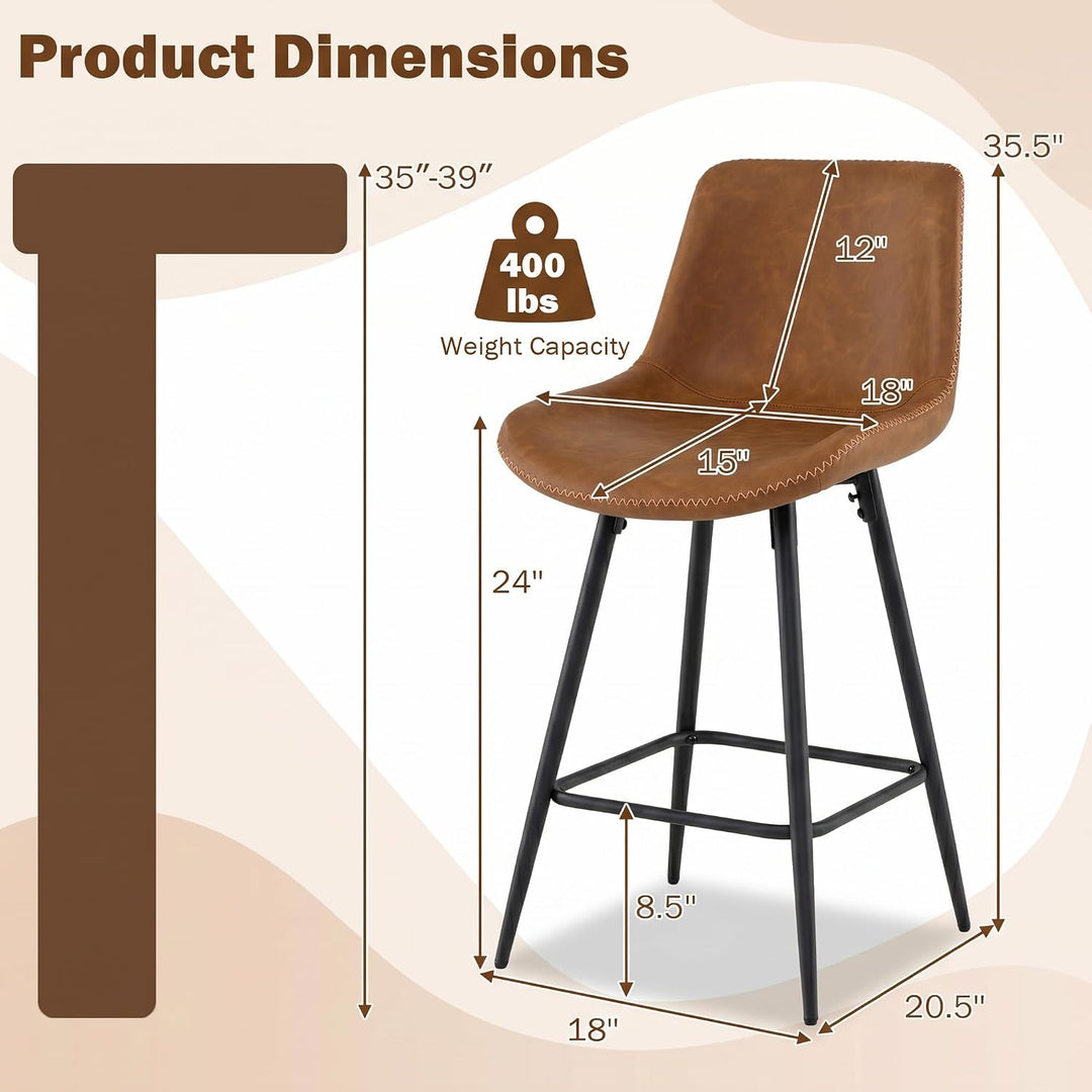 GIANTEX 24 Inch Faux Leather Upholstered Bar Stools Set of 2 | Counter Height Barstool with Backs &amp; Footrests