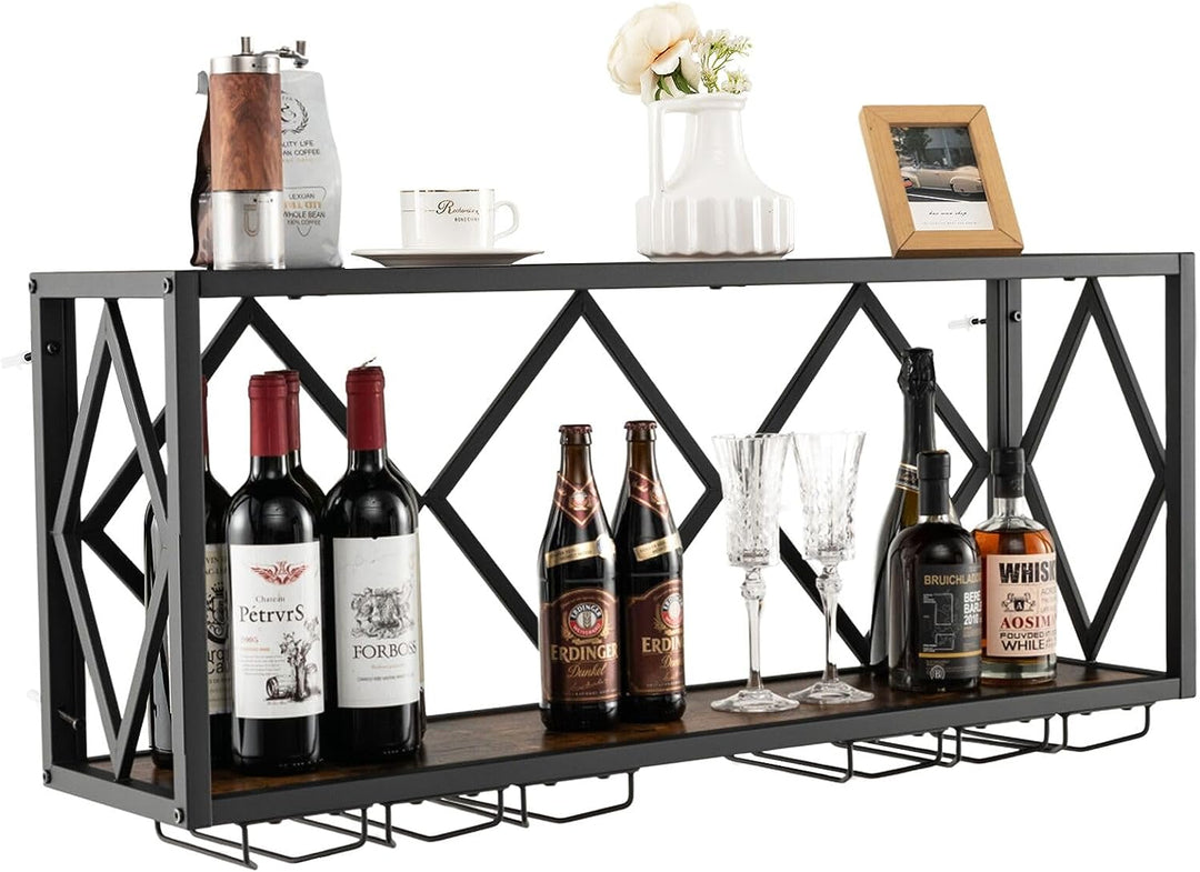 Giantex Wall Mounted Wine Rack, Wine Display Shelf w/Wine Bottle Rack &amp; 6 Rows of Stemware Holder