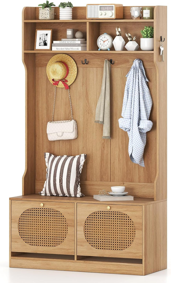 Giantex 4-In-1 Hall Tree Entryway Bench with Coat Rack &amp; Flip Drawers