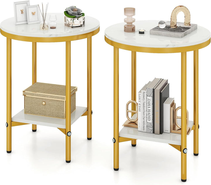 Giantex Round Side Table 2-Tier Faux Marble Sofa Side Coffee Table w/Gold Frame &amp; Open Shelf