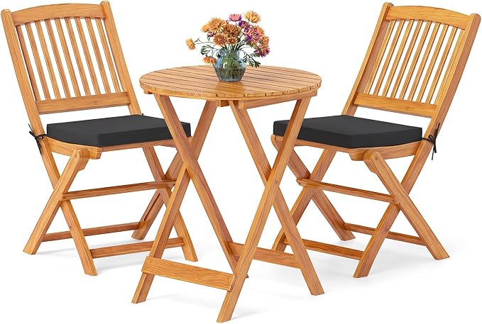 Giantex 3Pcs Patio Bistro Set, Wood Folding Table Set