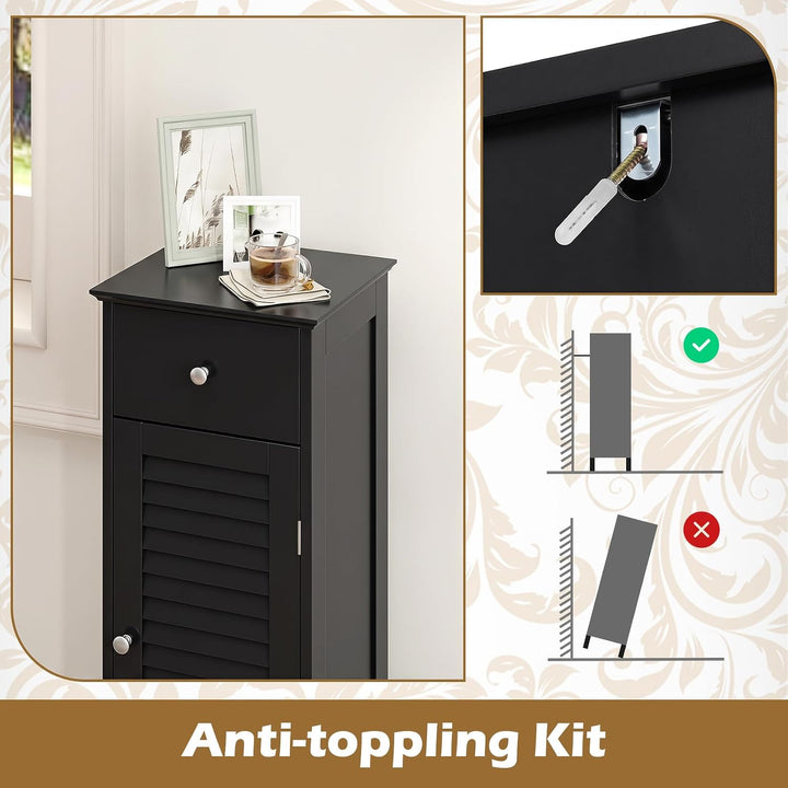 GIANTEX Bathroom Floor Storage Cabinet with Door and Drawer, Black | Freestanding Side Cabinet with 3-Height Adjustable Shelf