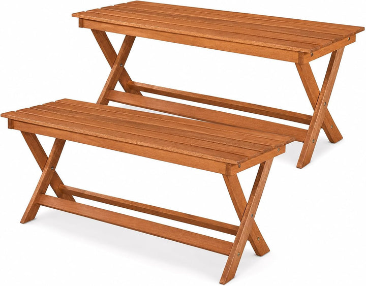 Giantex Outdoor Wooden Bench Backless Patio Bench with Slatted Seat | Wooden Garden Bench with X-Shaped Legs