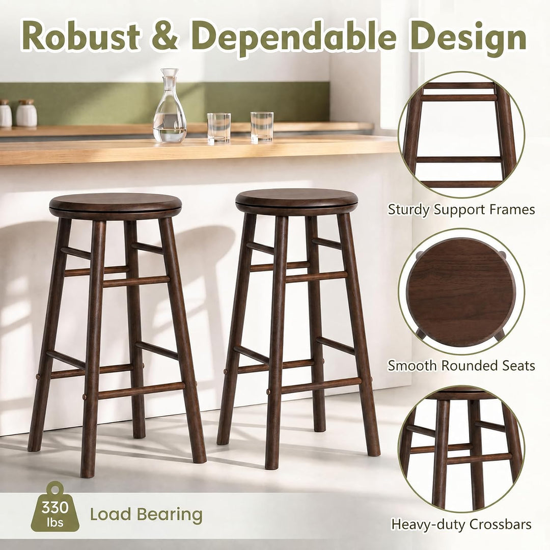 GIANTEX 24 Inch Swivel Bar Stools Set of 2, Rubber Wood, Walnut | Round Bar Chairs w/Backless Design