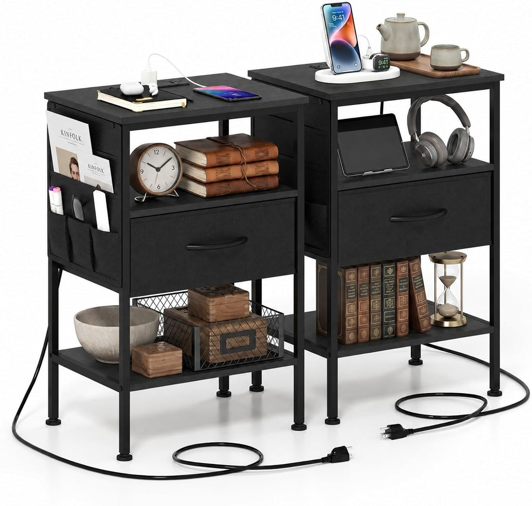 GIANTEX 24.5" Nightstand with Charging Station &amp; 1 Fabric Drawer (1/2)