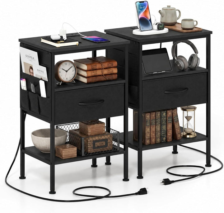 GIANTEX 24.5" Nightstand with Charging Station &amp; 1 Fabric Drawer (1/2)