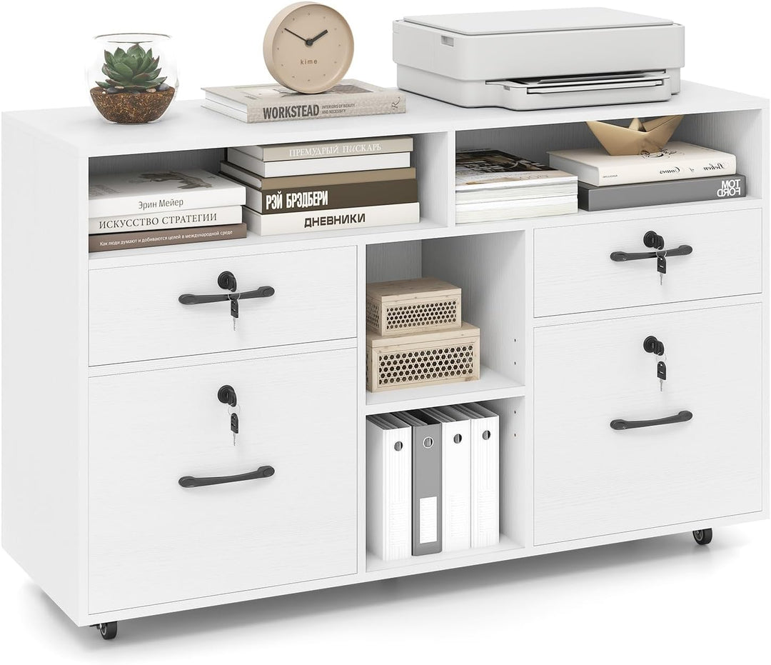 Giantex 4-Drawer Lateral File Cabinet with Lock &amp; 5 Rolling Wheels (2 Lockable)