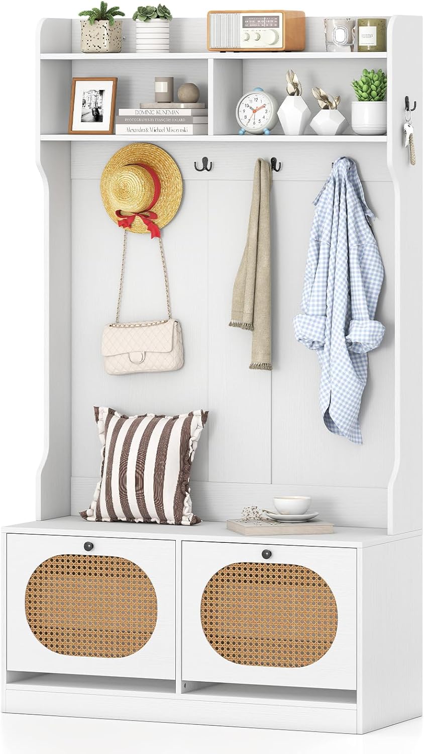 Giantex 4-In-1 Hall Tree Entryway Bench with Coat Rack &amp; Flip Drawers